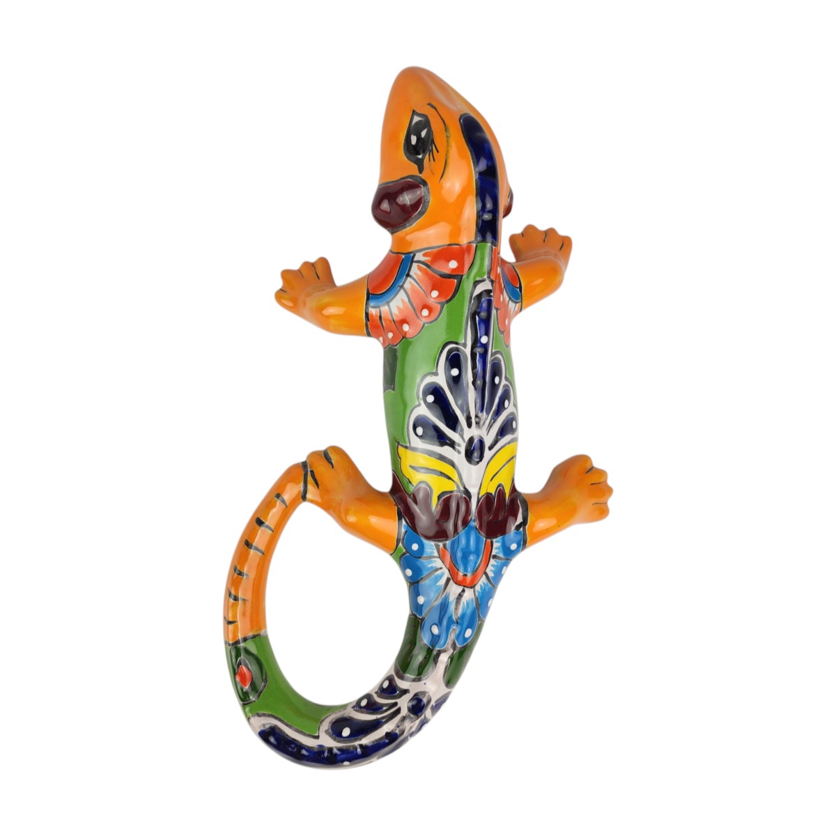 Orange Talavera-style ceramic iguana with colorful floral and geometric patterns displayed on a white background.