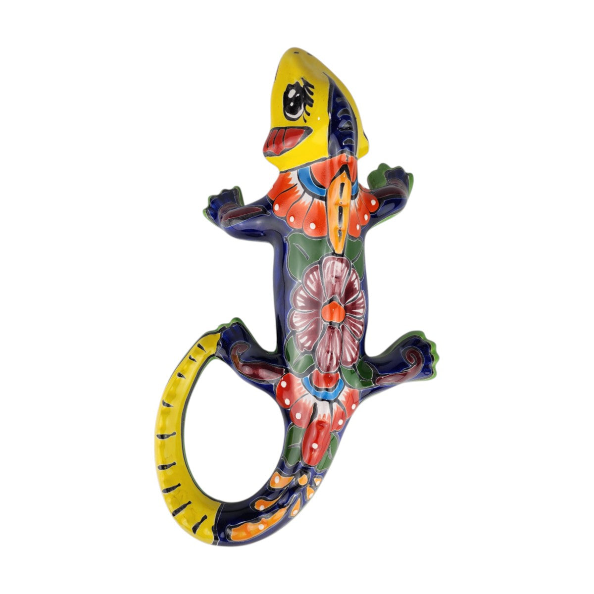 Yellow Talavera-style ceramic iguana with deep cobalt-blue and multicolor patterns displayed on a white background.