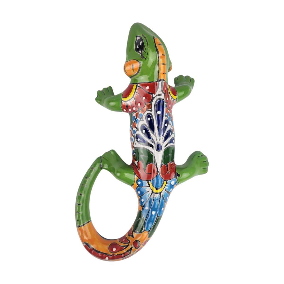 Green Talavera-style ceramic iguana with orange, blue, yellow, and red patterns displayed on a white background.