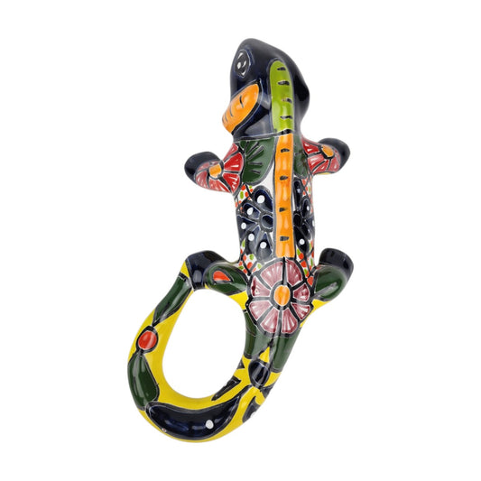 Deep blue 13-inch Talavera-style ceramic iguana with green, yellow, orange, and multicolor patterns on a white background
