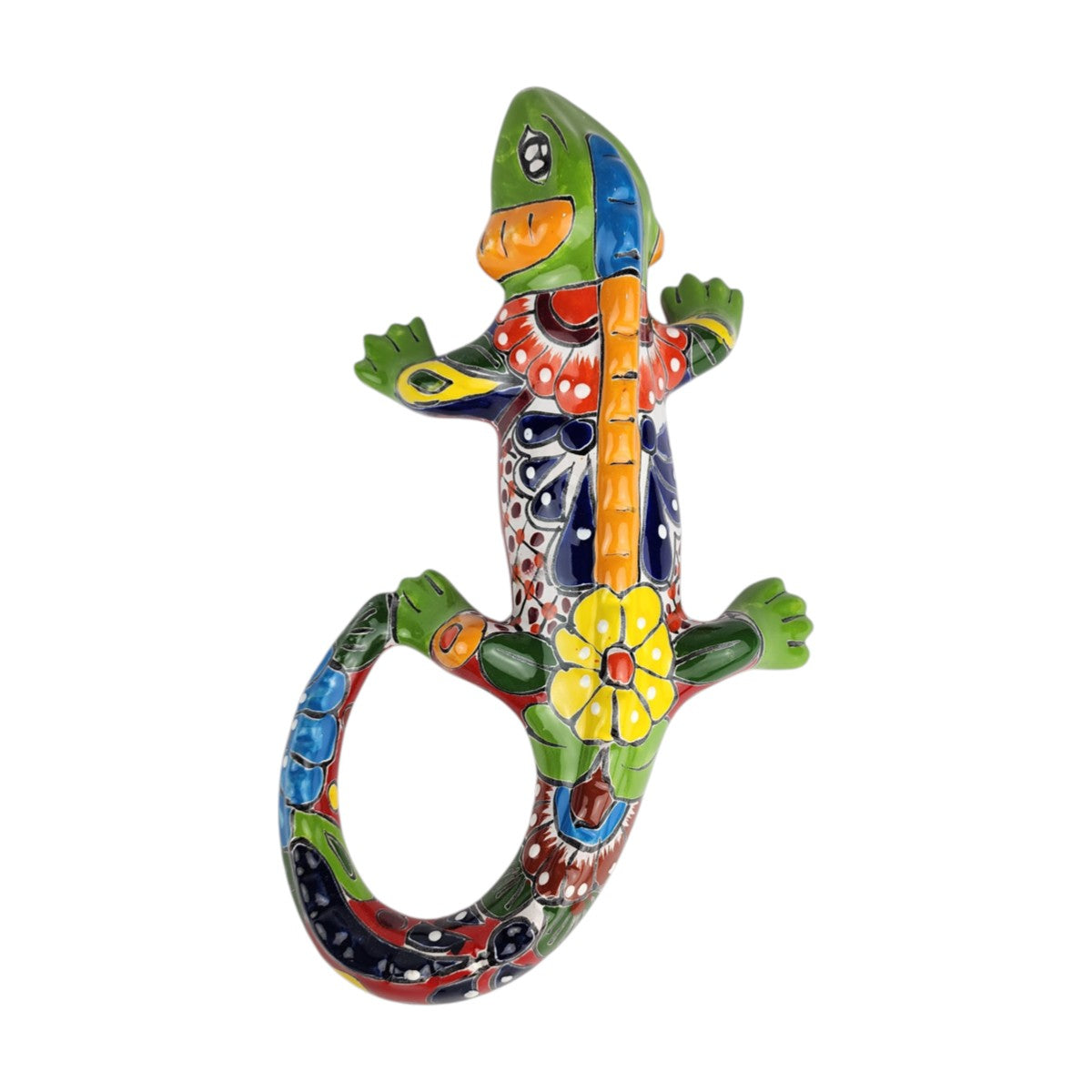 Green Talavera-style ceramic iguana with blue, yellow, orange, and red patterns displayed on a white background.