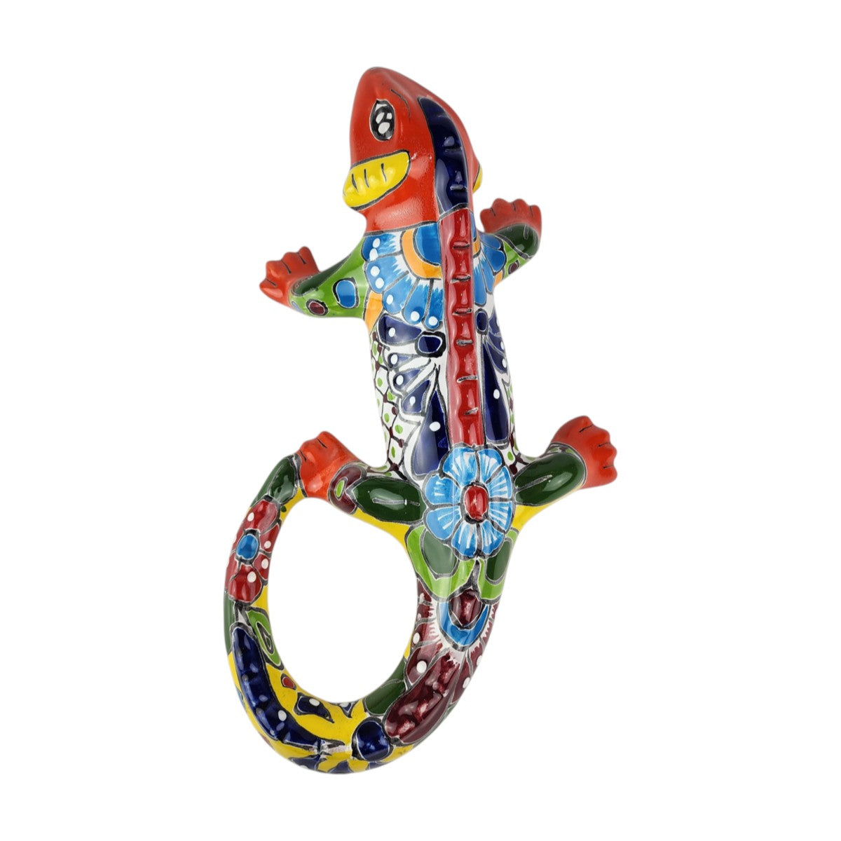 Red Talavera-style ceramic iguana with blue, green, yellow, and white patterns displayed on a white background.