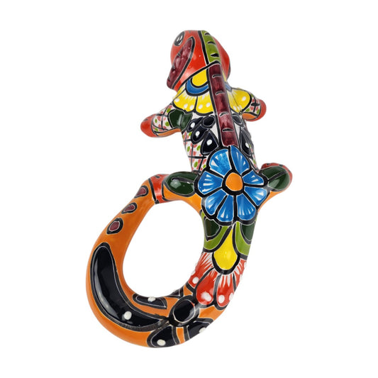 Red orange 13-inch Talavera-style ceramic iguana with turquoise, green, and multicolor patterns on a white background
