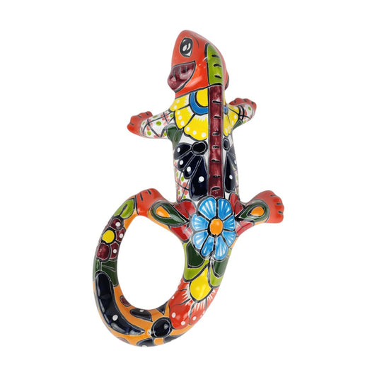 Red orange 16-inch Talavera-style ceramic iguana with green, cobalt blue, and multicolor patterns on a white background
