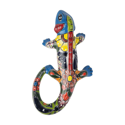 Sky blue 16-inch Talavera-style ceramic iguana with green and multicolor floral patterns on a white background
