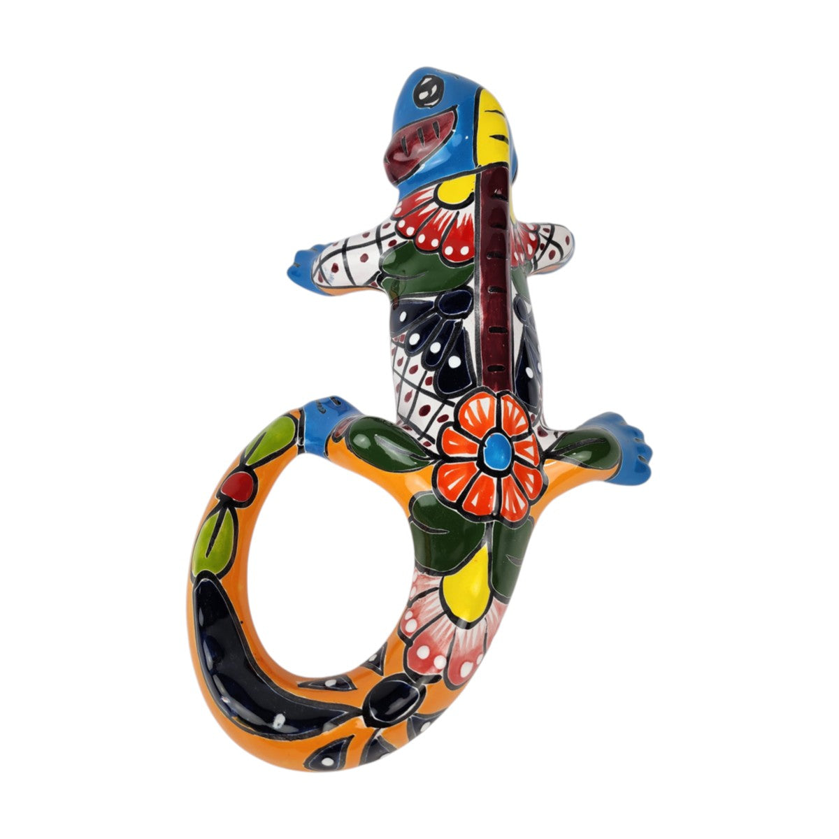 Sky blue 16-inch Talavera-style ceramic iguana with orange and multicolor floral patterns on a white background

