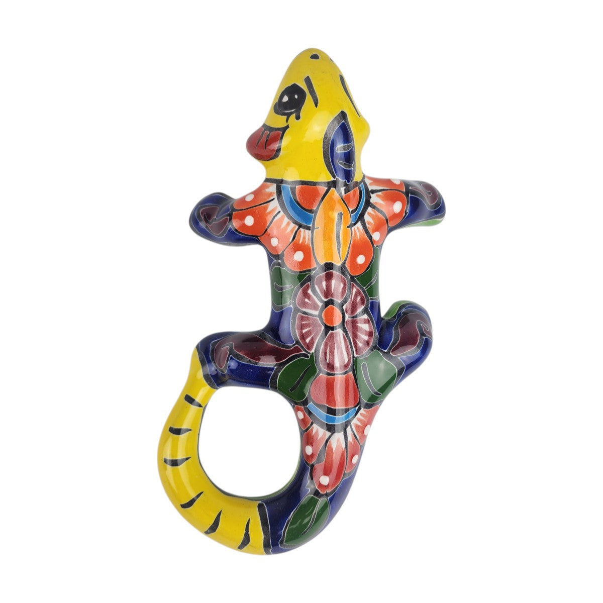 Yellow Talavera-style ceramic iguana with blue, green, orange, and red patterns displayed on a white background.