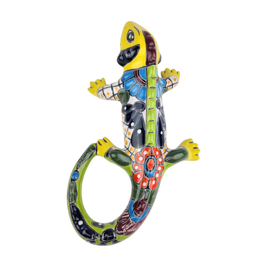Yellow 16-inch Talavera-style ceramic iguana with green, turquoise, orange, and white patterns on a white background
