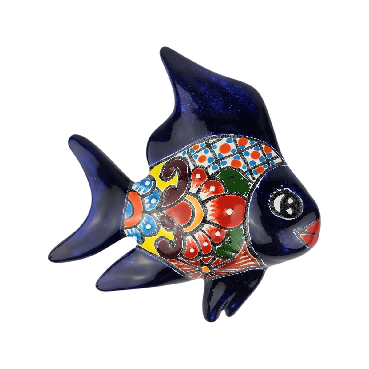 Navy blue Talavera-style ceramic fish wall décor with colorful floral artwork on a white background.
