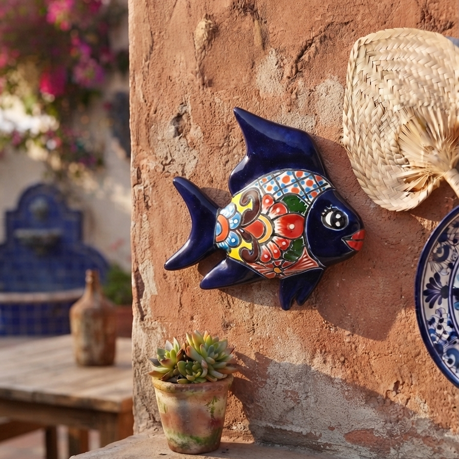 Navy blue Talavera-style ceramic fish wall décor displayed on a stucco wall in a Mexican-inspired outdoor space.