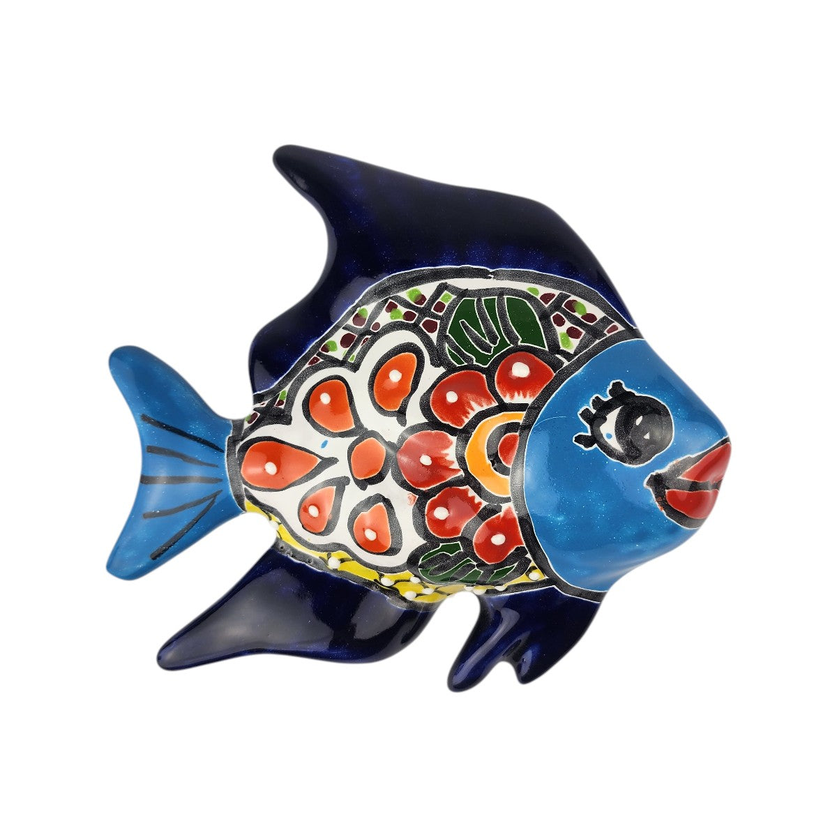 Navy blue and light blue Talavera-style ceramic fish wall décor handcrafted in Mexico with colorful floral artwork on a white background.