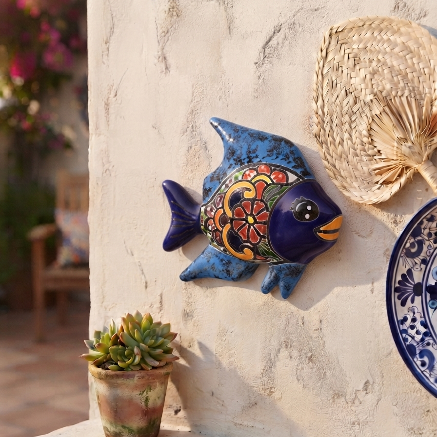 Navy blue and light blue Talavera-style ceramic fish wall décor displayed on a stucco wall in a coastal-inspired outdoor space.