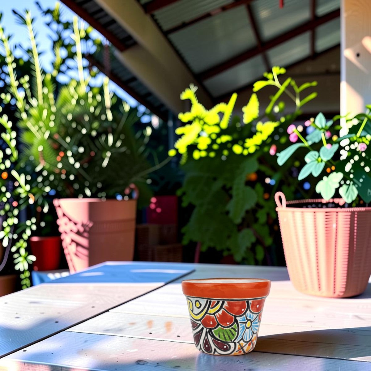 Red orange rim Talavera-style ceramic planter with succulent on a covered patio table