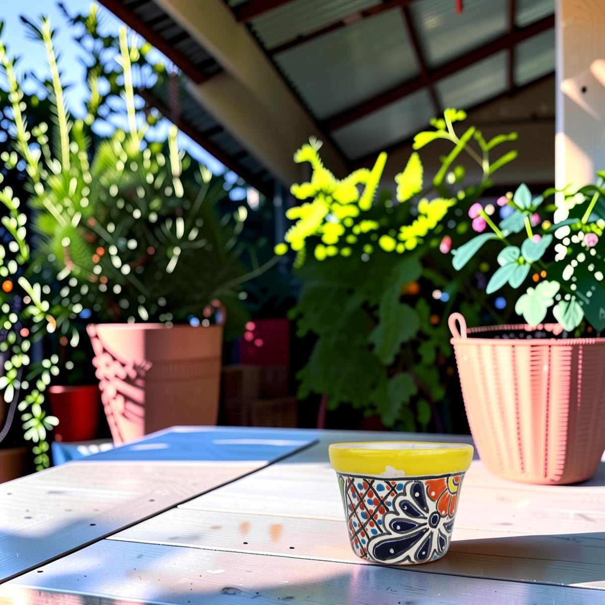Yellow rim Talavera-style ceramic planter with blue floral artwork displayed on a covered patio table