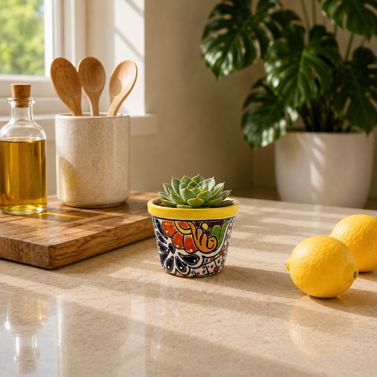 Yellow rim floral ceramic planter holding a succulent on a sunlit kitchen counter beside lemons, with wooden utensils and a leafy plant behind it.