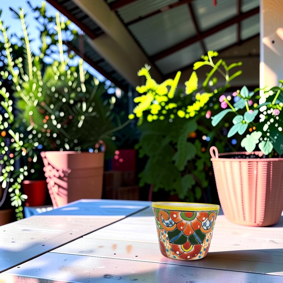 Yellow rim Talavera-style ceramic planter with colorful floral artwork displayed on a covered patio table