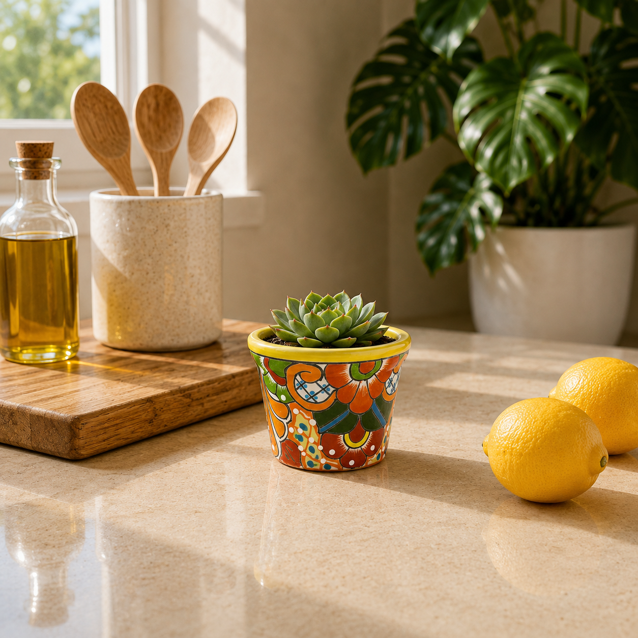 Yellow rim ceramic planter with orange flowers and green artwork holding a succulent on a sunlit kitchen counter beside lemons.