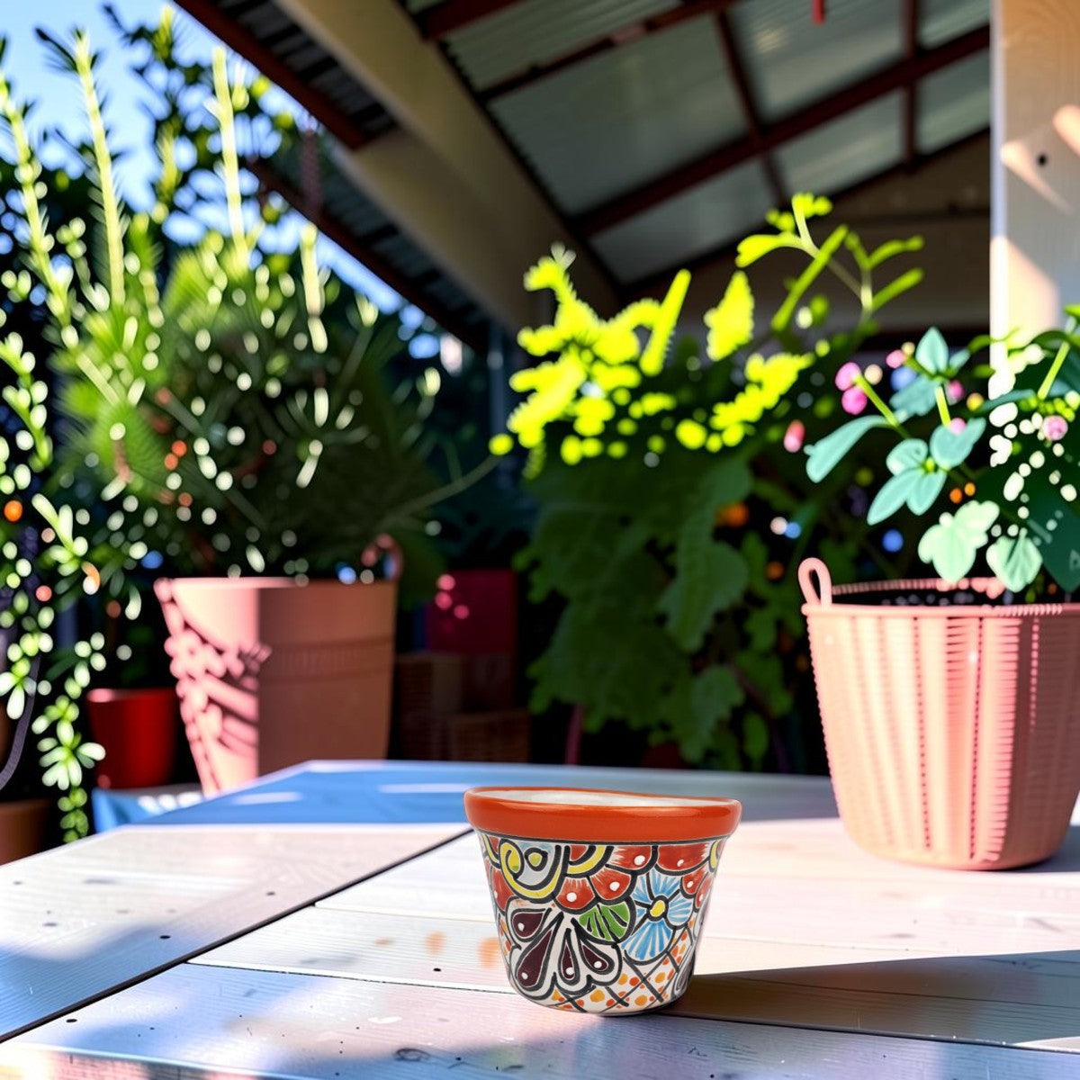 Red orange rim ceramic planter with multicolored floral artwork displayed on a wooden table on a covered patio, surrounded by leafy plants.