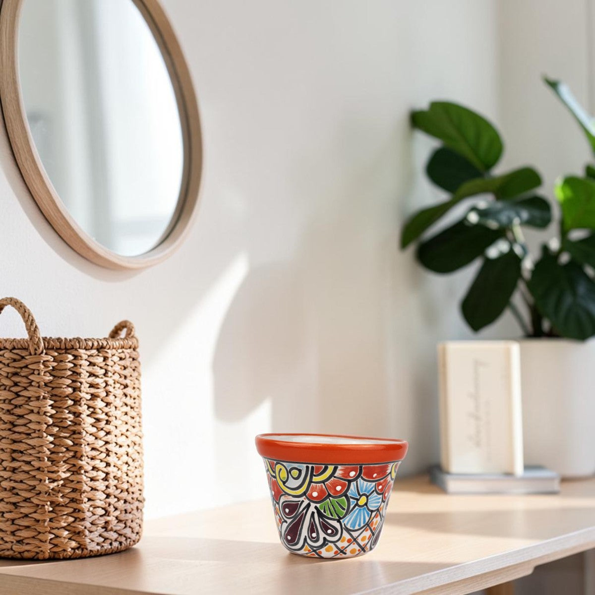 Red Orange Rim Ceramic Planter 6" | Floral Plant Pot