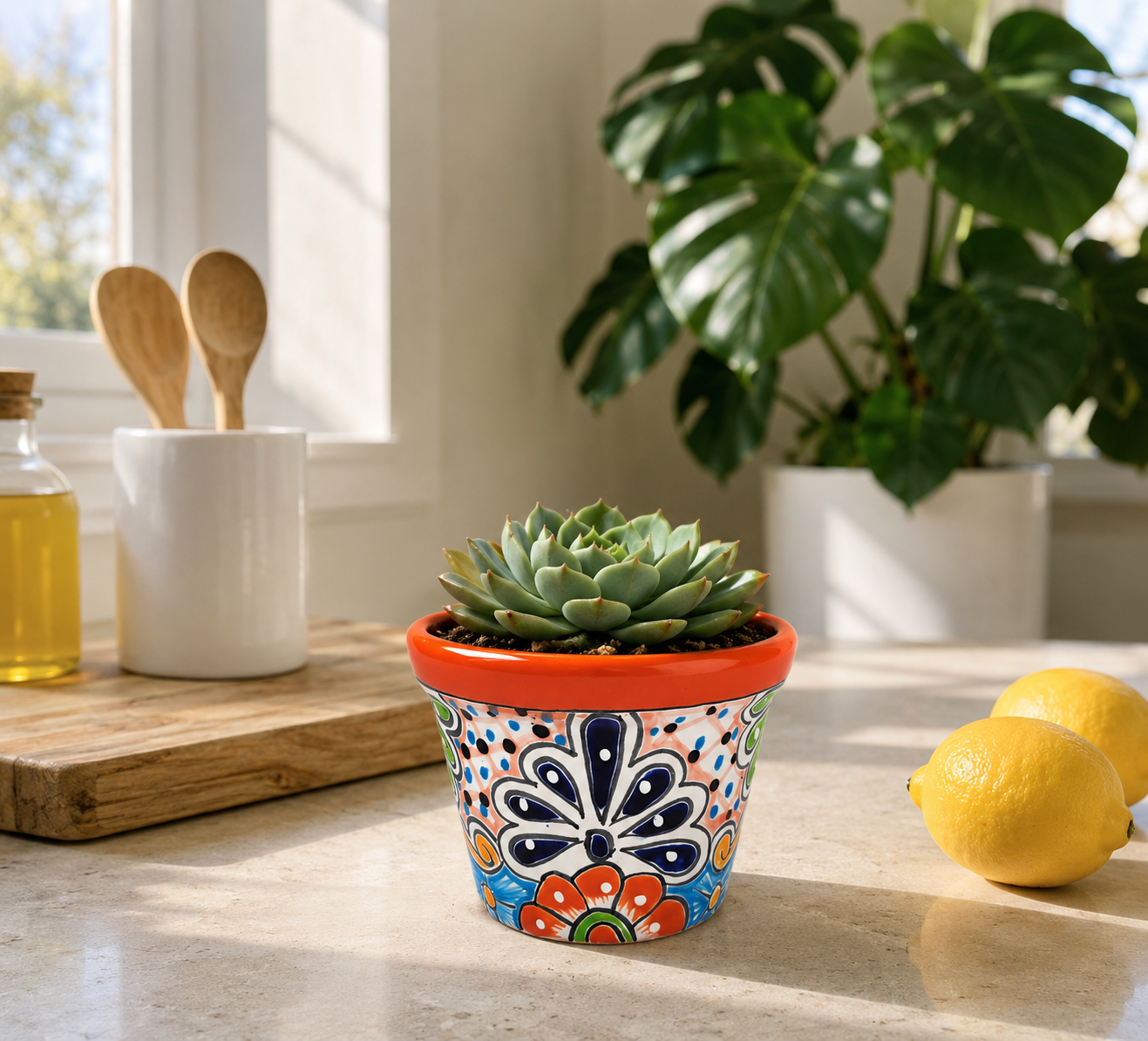 Red orange rim floral ceramic planter holding a succulent on a sunlit kitchen counter beside lemons and wooden utensils.