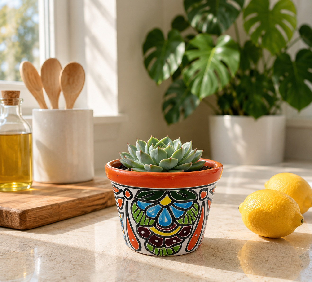 Red orange rim floral ceramic planter holding a succulent on a sunlit kitchen counter beside lemons, with wooden utensils in the background.
