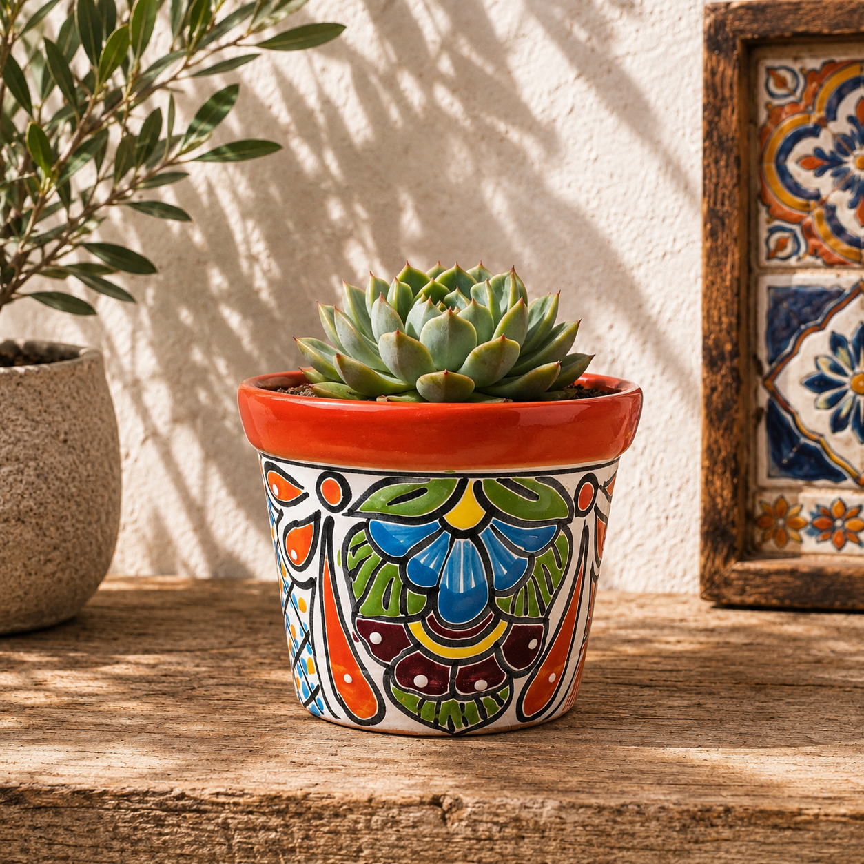 Red orange rim floral ceramic planter holding a succulent on a rustic wooden table beside a potted tree and framed decorative tiles.
