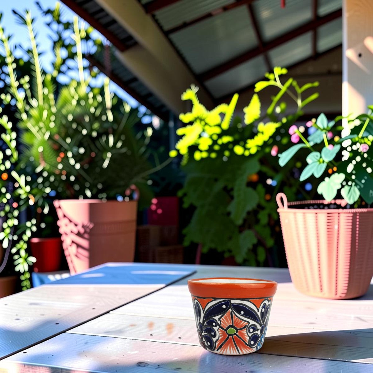 Red orange rim Talavera-style ceramic planter displayed on a covered patio table