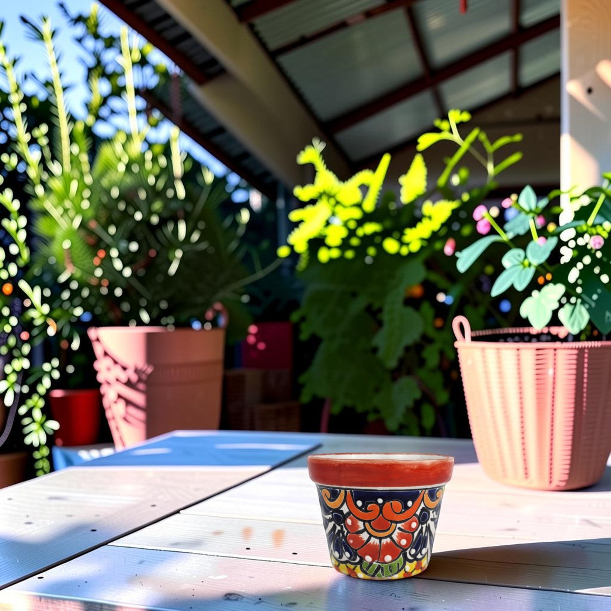 Red rim Talavera-style ceramic planter displayed on a covered patio table
