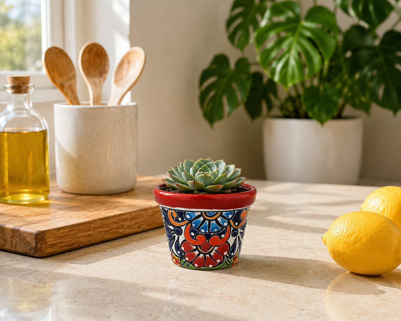 Red rim floral ceramic planter holding a succulent on a sunlit kitchen counter beside lemons, with wooden utensils and a leafy plant behind it.
