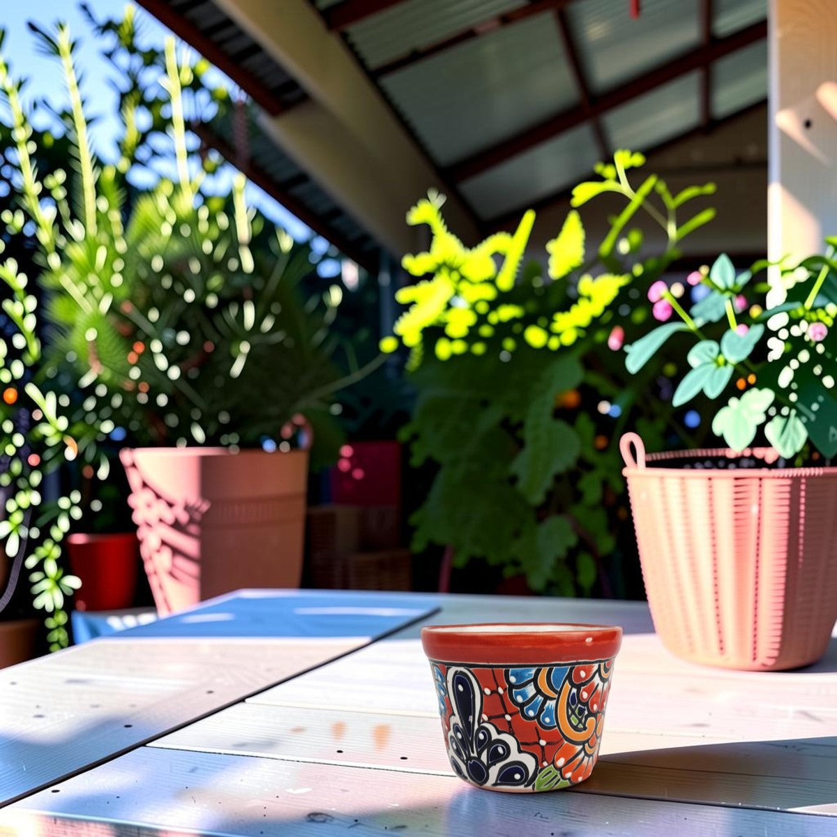 Red rim Talavera-style ceramic planter displayed on a covered patio table