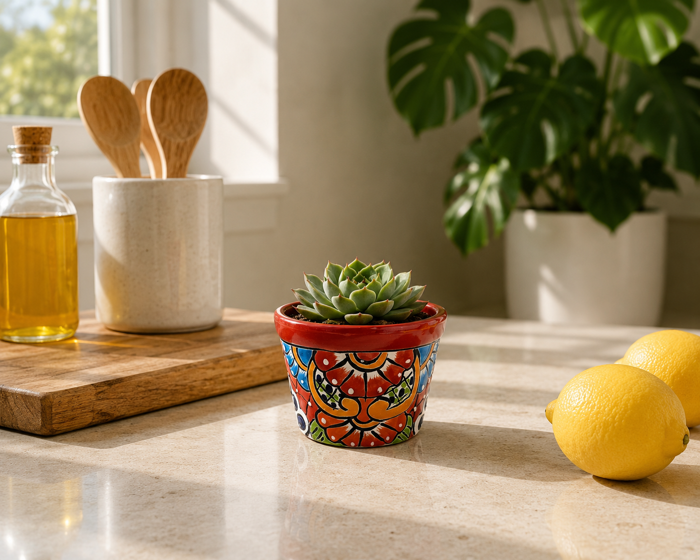 Red rim floral ceramic planter holding a succulent on a sunlit kitchen counter beside lemons, with wooden utensils and a leafy plant behind it.