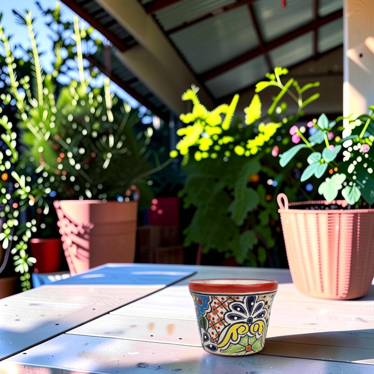 Red rim Talavera-style ceramic planter displayed on a covered patio table