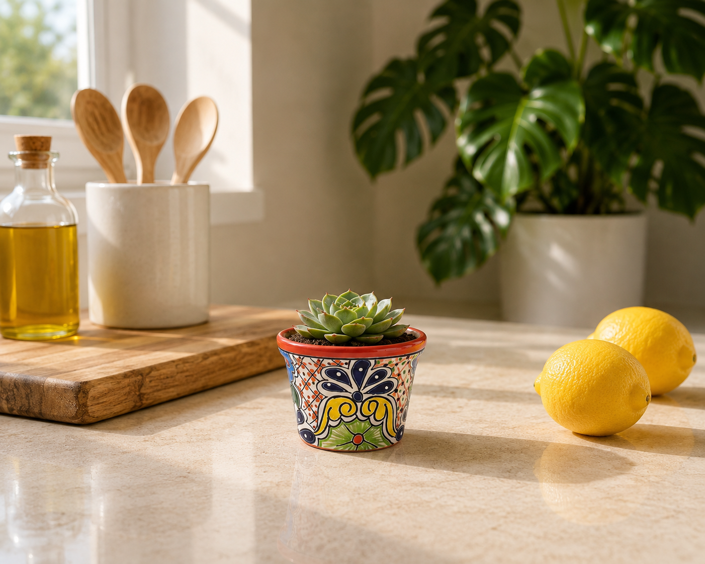 Red rim ceramic planter with blue, yellow, and green artwork holding a succulent on a sunlit kitchen counter beside lemons.