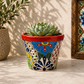 Red rim floral ceramic planter holding a succulent on a light stone surface beside a potted tree and framed decorative tile artwork.
