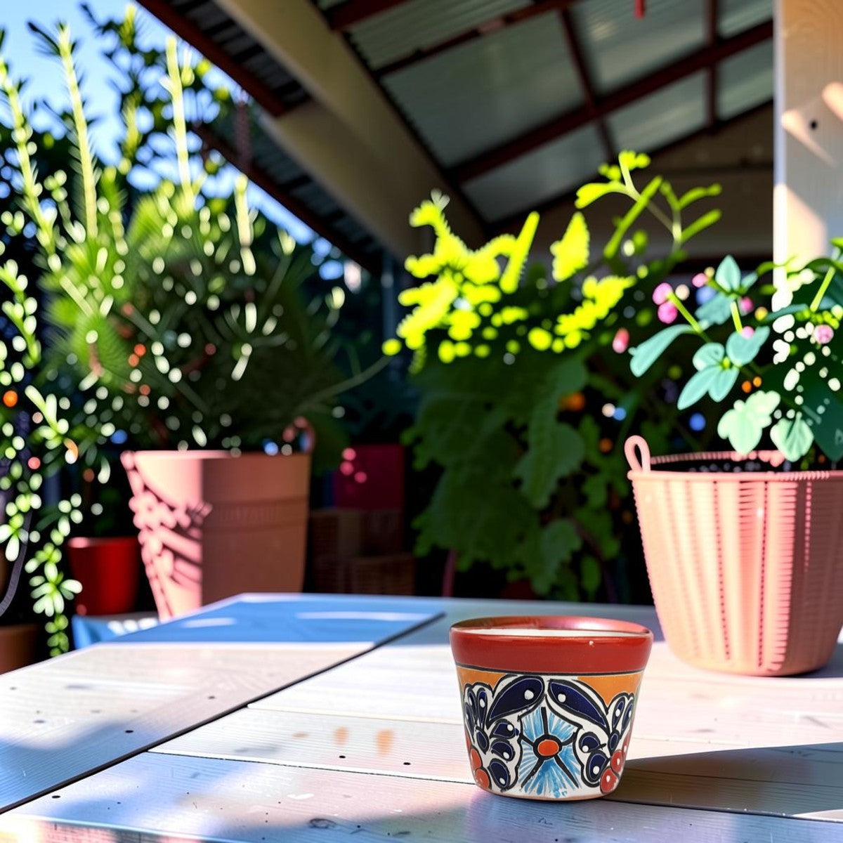 Red rim Talavera-style ceramic planter with blue floral artwork displayed on a covered patio table