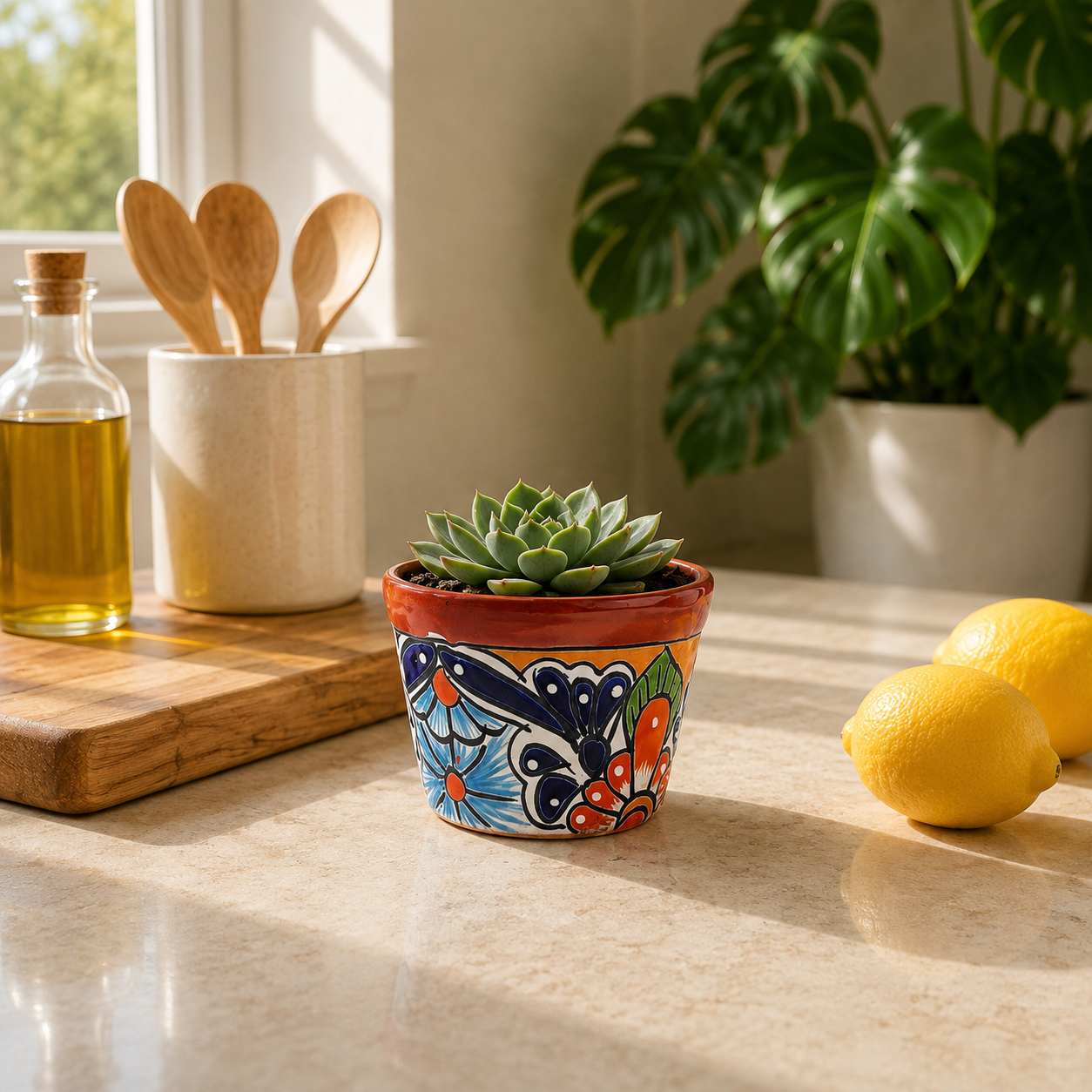 Red rim ceramic planter with sky blue flowers, deep blue petals, orange accents, and green leaf details on a white background.
