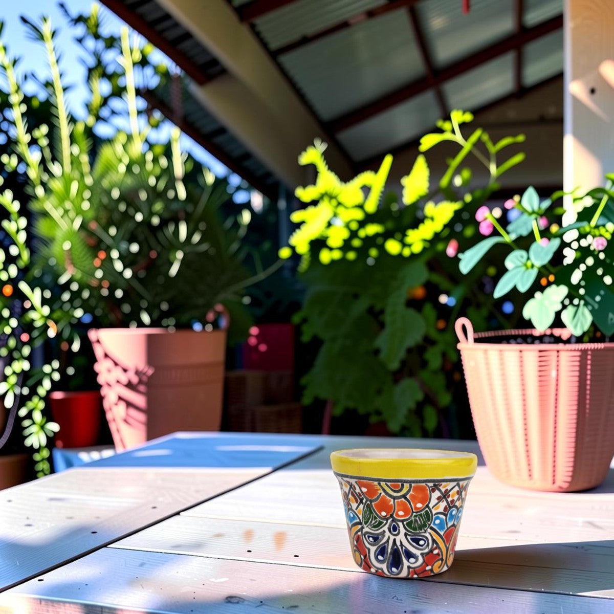 Yellow rim Talavera-style ceramic planter with colorful floral design displayed on a covered patio table