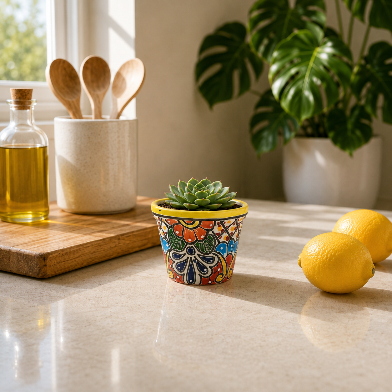 Yellow rim floral ceramic planter holding a succulent on a sunlit kitchen counter beside lemons, with wooden utensils in the background.