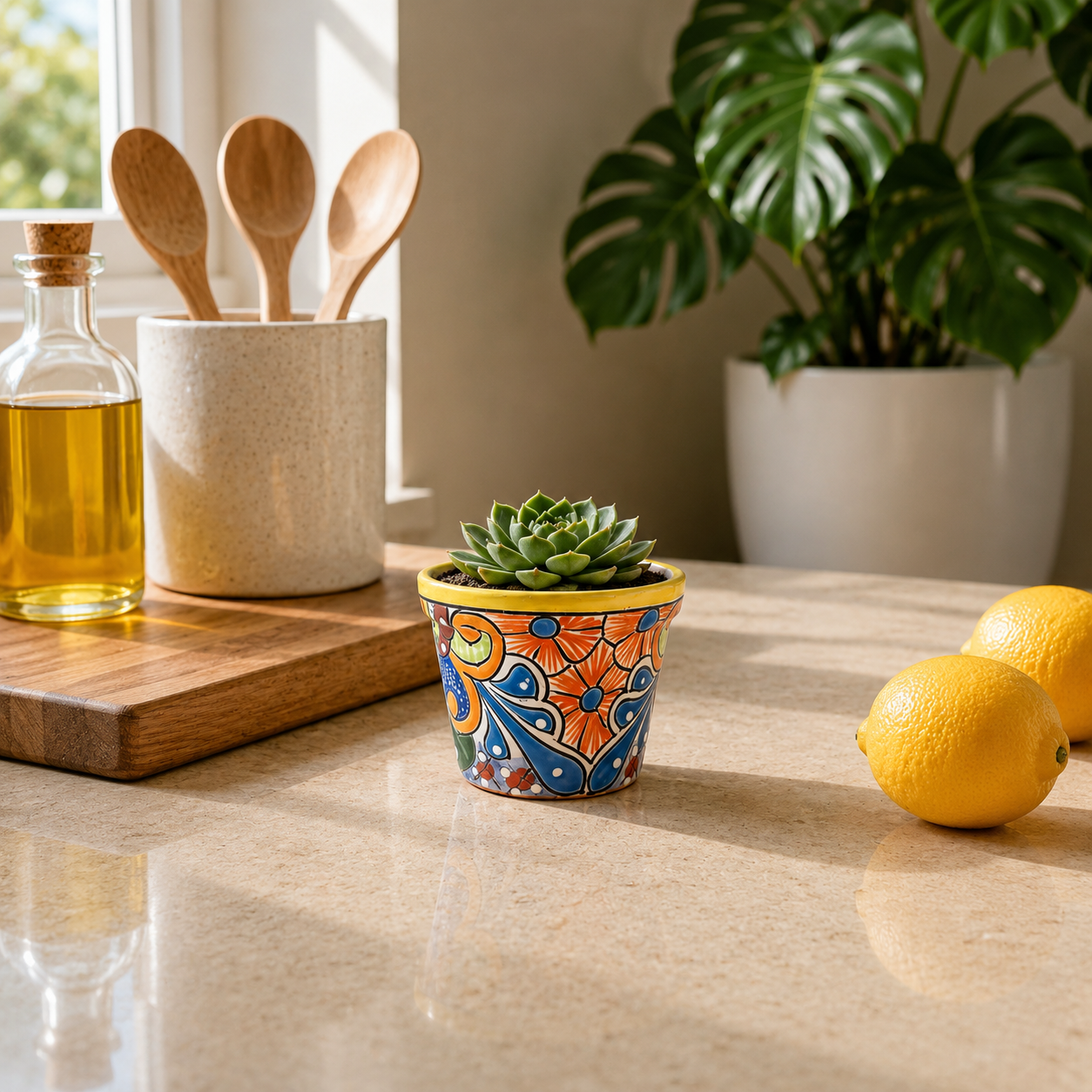 Yellow rim ceramic planter with orange and blue floral artwork holding a succulent on a sunlit kitchen counter beside lemons.