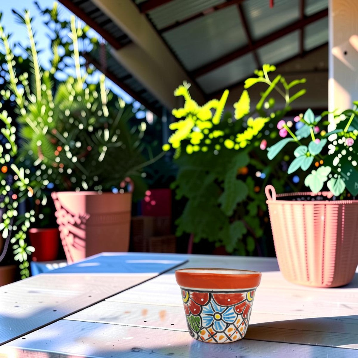 Red orange rim Talavera-style ceramic planter displayed on a covered patio table