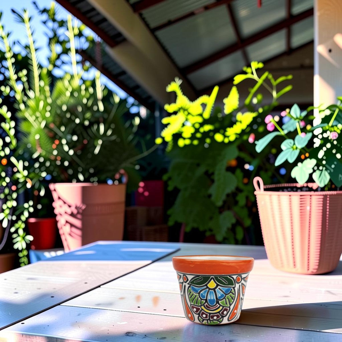 Red orange rim Talavera-style ceramic planter displayed on a covered patio table