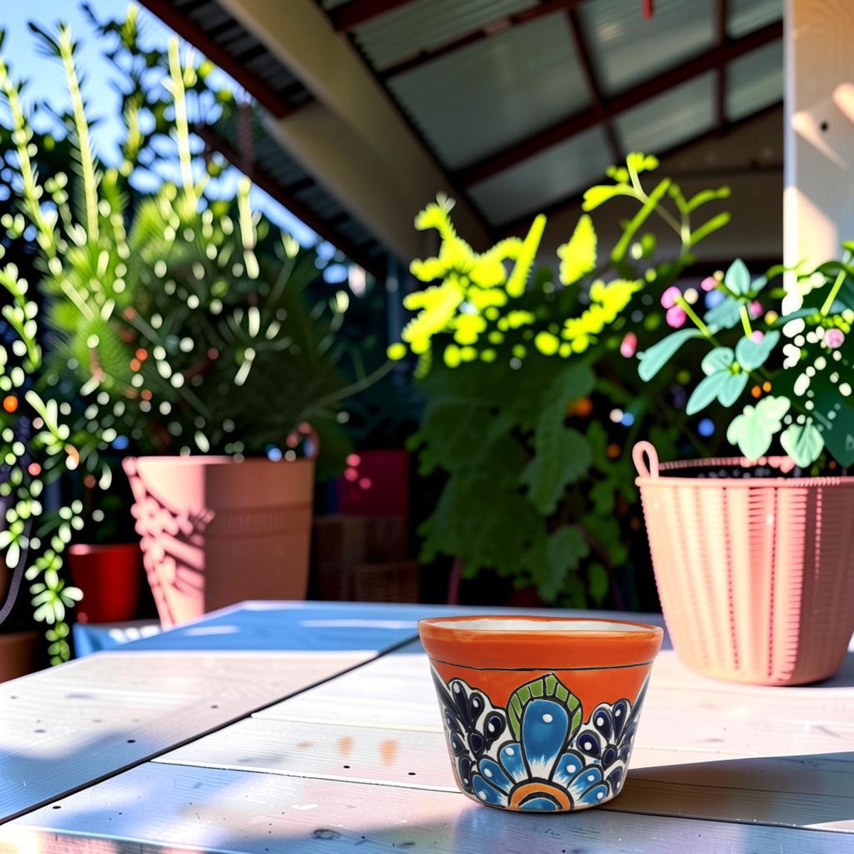 Red orange rim ceramic planter with blue floral artwork displayed on a wooden table on a covered patio, with leafy plants in the background.
