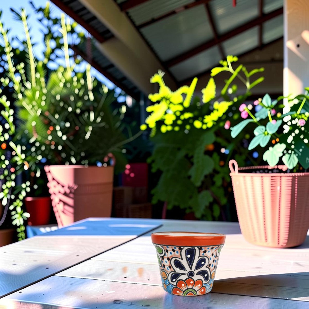 Red orange rim Talavera-style ceramic planter displayed on a covered patio table