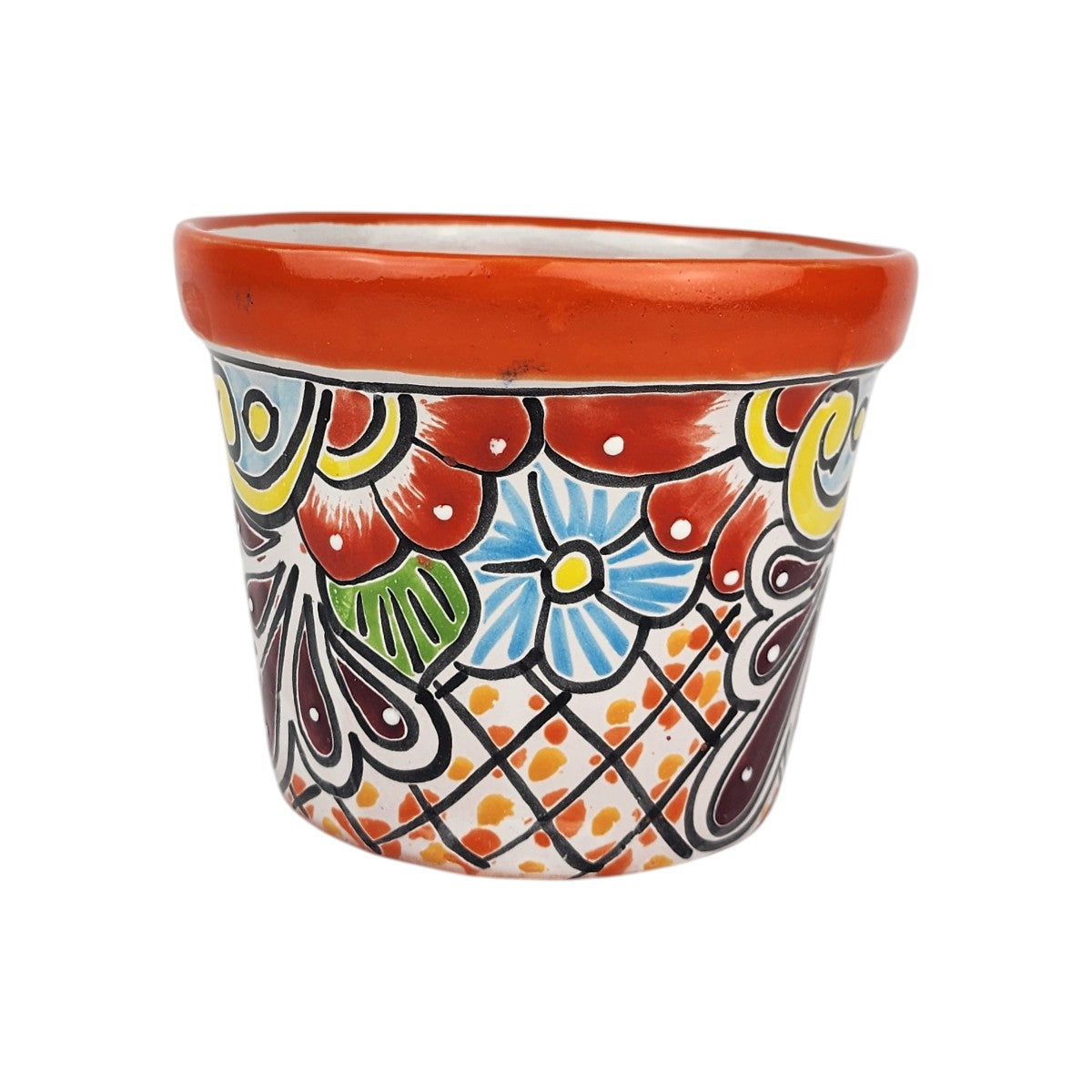 Red orange rim ceramic planter with red and sky blue flowers, burgundy teardrop motifs, and an orange-and-yellow dotted lattice pattern.