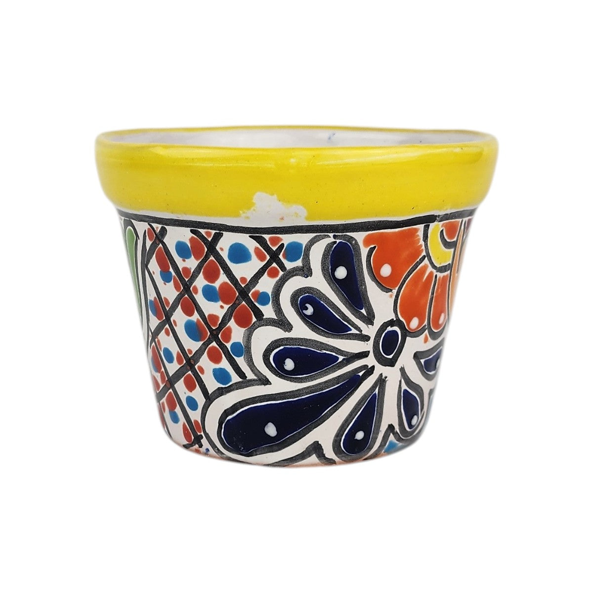 Yellow rim Talavera-style ceramic planter with deep blue floral and colorful lattice artwork