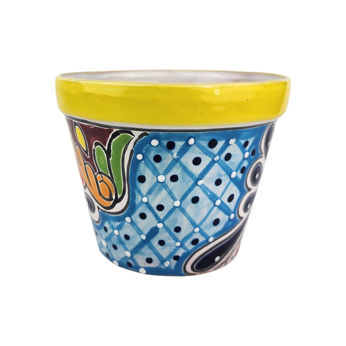 Yellow rim ceramic planter with a sky blue lattice pattern, deep blue dots, white highlights, green accents, and golden-orange scrollwork.
