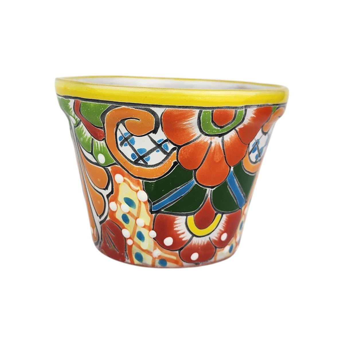 Yellow rim ceramic planter with orange and red flowers, green leaves, golden-orange scrollwork, and blue dotted details on a white background.