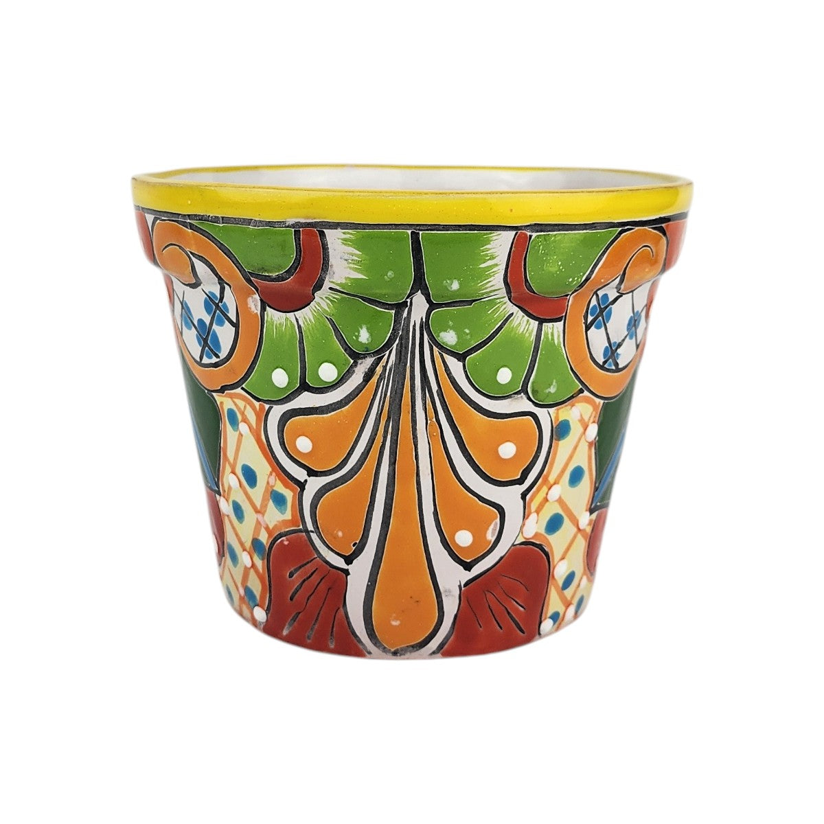 Yellow rim ceramic planter with green floral shapes, golden-orange teardrop motifs, red accents, and blue dotted lattice details.
