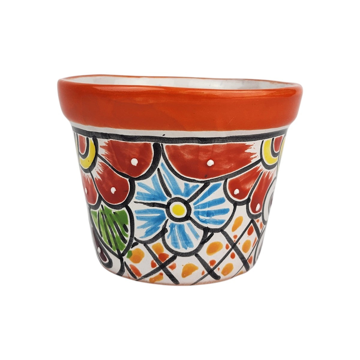 Red orange rim Talavera-style ceramic planter 5-inch hand-painted in Mexico
