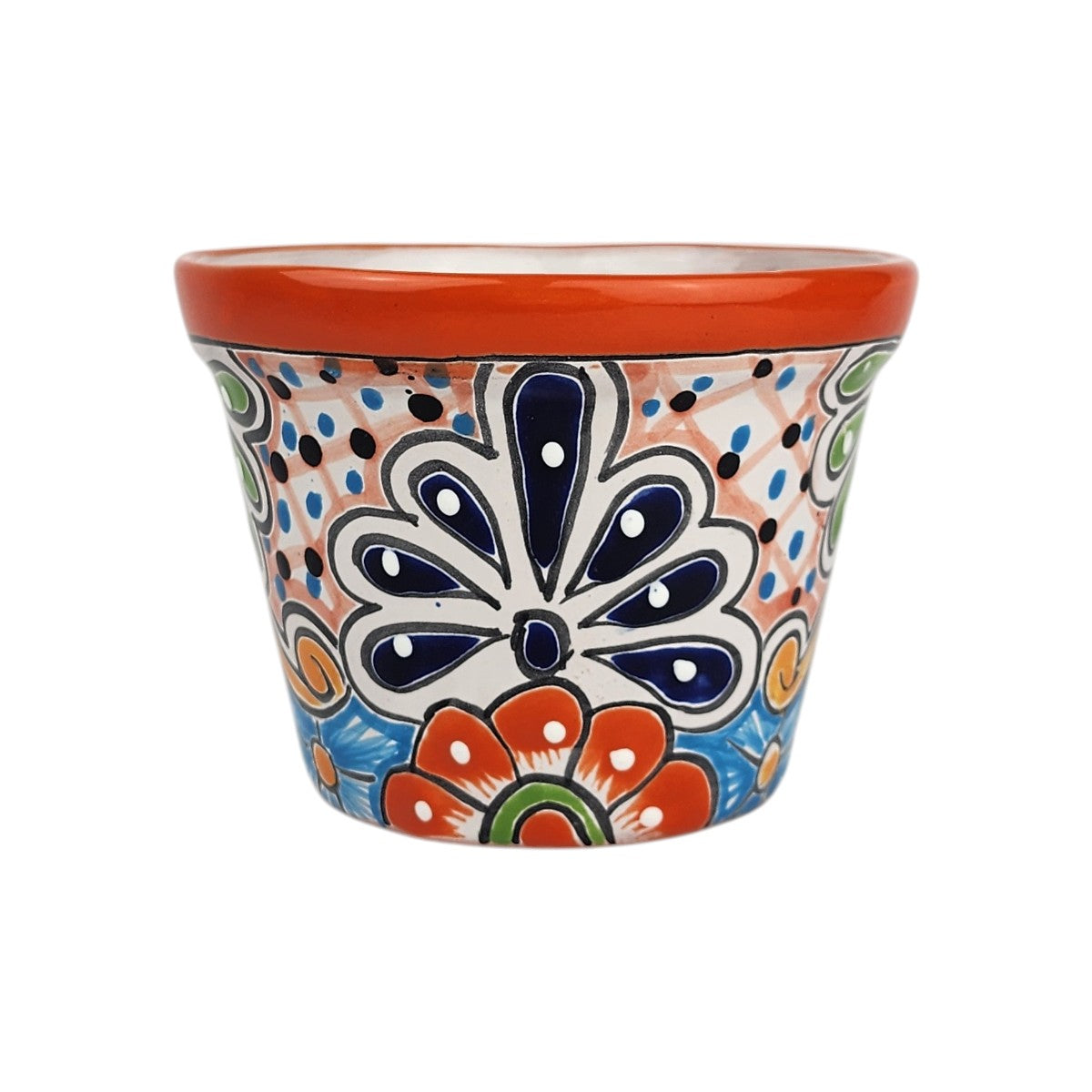 Red orange rim ceramic planter with deep blue and orange floral motifs, green accents, and a peach lattice background with blue and black dots.
